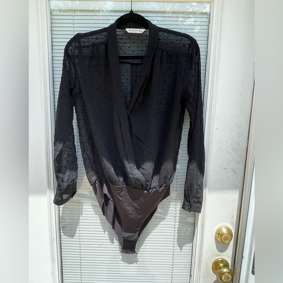 stradivarius Tops - Stradivarius Sheer Black Polka Dot Bodysuit